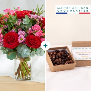 Fleurs et cadeaux Eclat de rose et ses amandes au chocolat Fleurs et cadeaux Eclat de rose et ses amandes au chocolat
