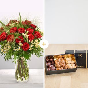 Bouquet de roses Rouge idylle et ses amandes au chocolat Amour