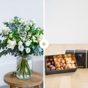 Bouquet de fleurs Paradis blanc et ses amandes au chocolat Anniversaire