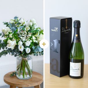 Bouquet de fleurs Paradis blanc et son champagne Devaux Collection Prestige