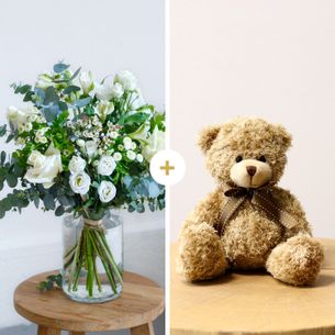Bouquet de fleurs Paradis blanc et son ourson Harry ourson
