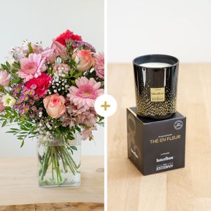 Bouquet de fleurs Rosalie et sa bougie parfumée Anniversaire