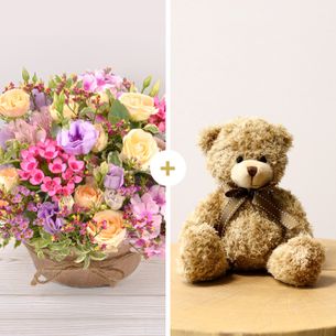 Bouquet de fleurs Zeste tendre et son ourson Harry Anniversaire