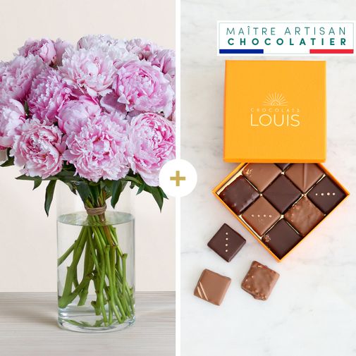 Fleurs et cadeaux Brassée de pivoines rose pâle et ses chocolats