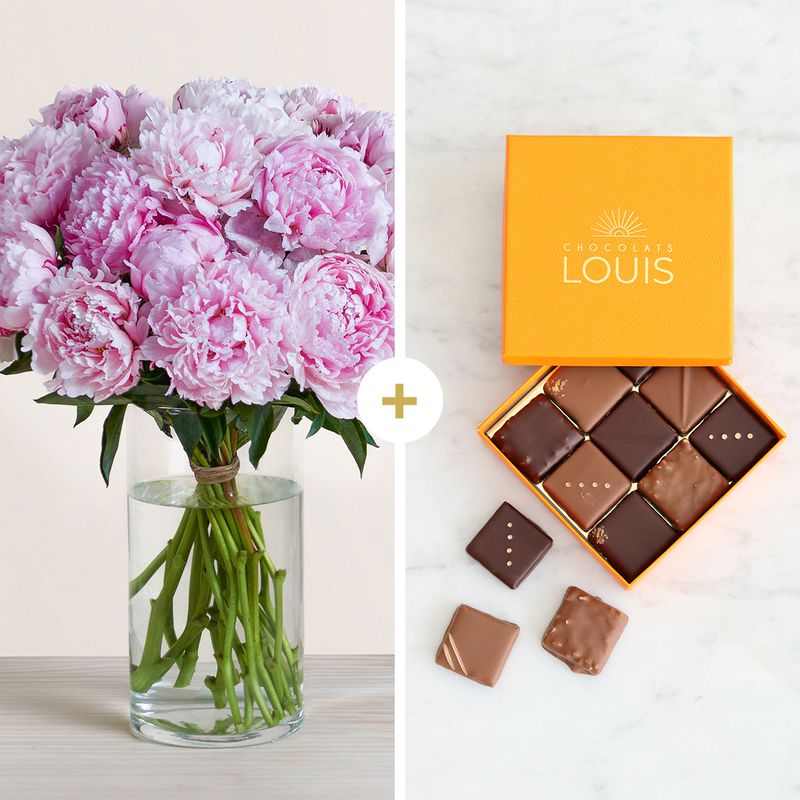 Fleurs et cadeaux Brassée de pivoines rose pâle et ses chocolats