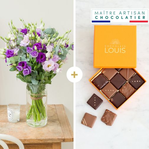 Fleurs et cadeaux Brassée de lisianthus parme et ses chocolats